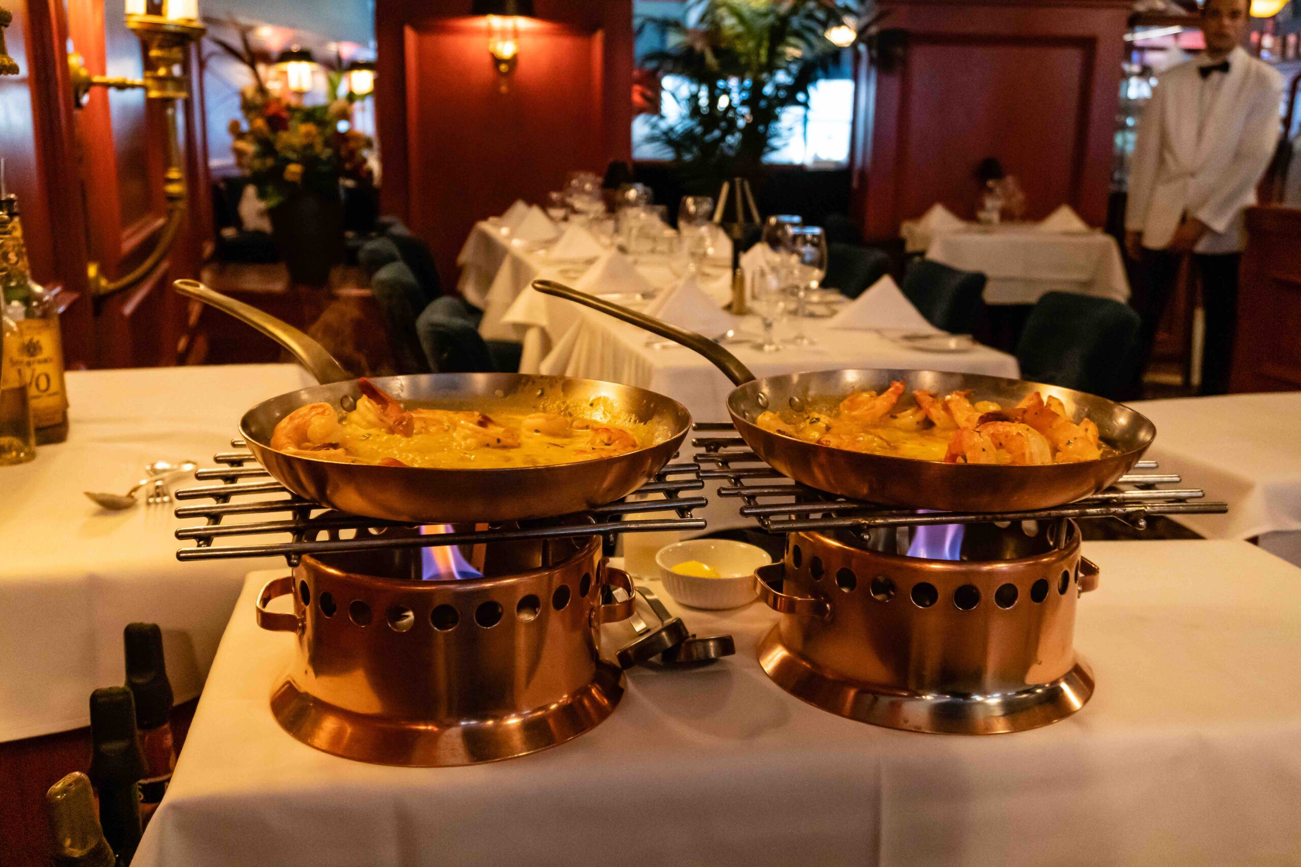 Table-side Cooked Shrimp Flambe of Evening Gourmet Food Tour in Quebec City, Le Continental, Canada