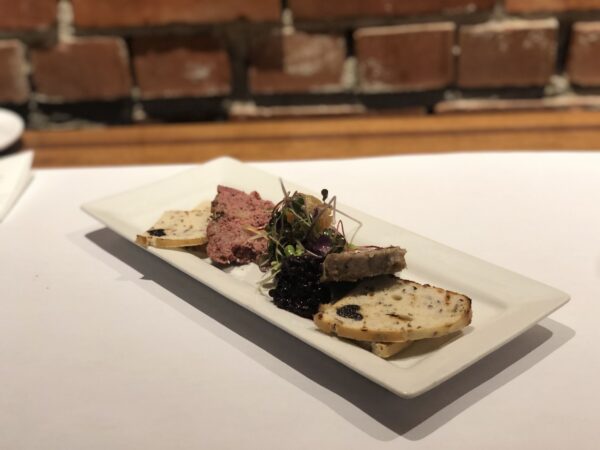 la sagamité, onion confit with game meat pate, duck terrine with blueberry sauce.